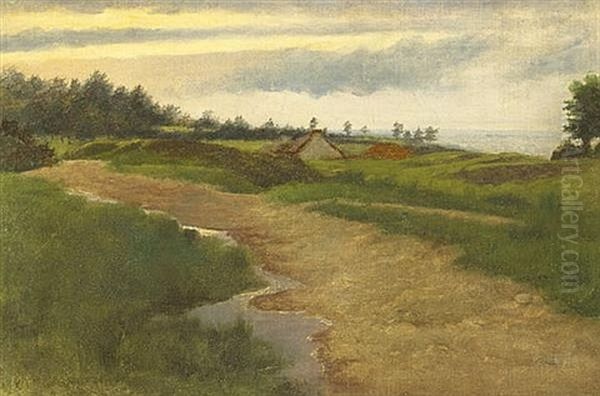 Landscape With Dry Riverbed, Cottage And Sea Beyond by Richard Thomas Moynan