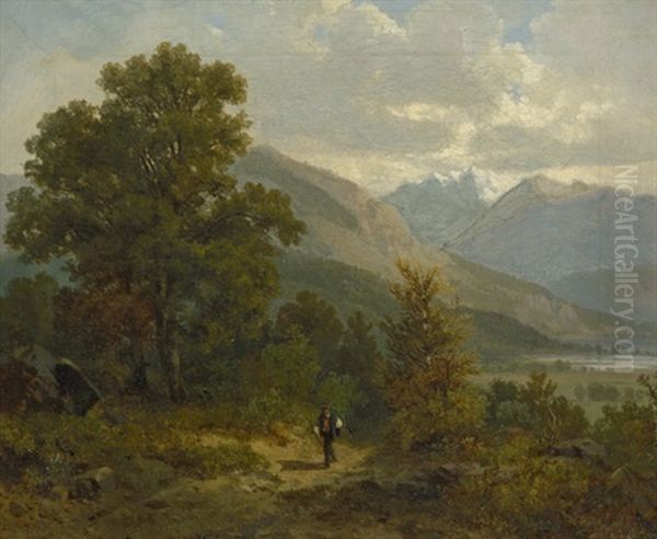 Alpenlandische Landschaft Mit Wanderer by Bernhard Muehlig