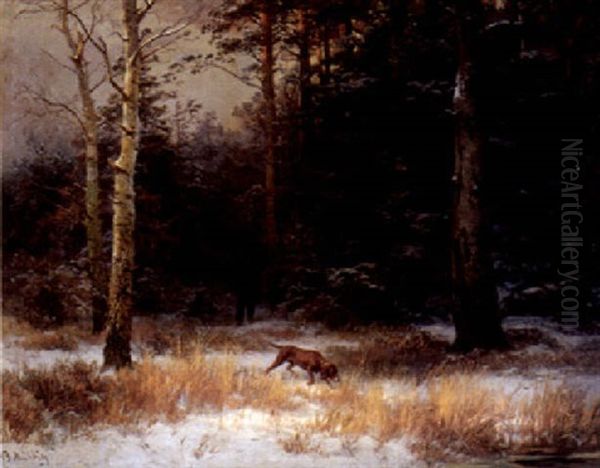 Auf Der Pirsch, Jager Mit Hund Im Winterwald by Bernhard Muehlig