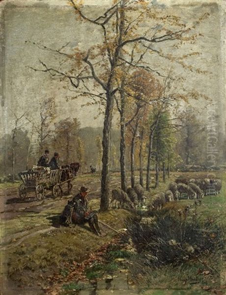 Grafenberger Allee Mit Schafherde Und Leiterwagen by Hugo Muehlig