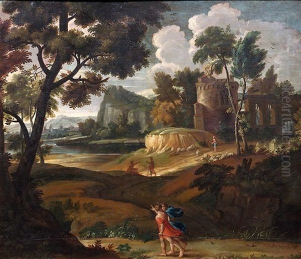 Klassische Flusslandschaft Mit Kastell, Hirten Und Im Vordergrund Zwei Antik Gekleidete Wanderer by Pieter Mulier the Younger