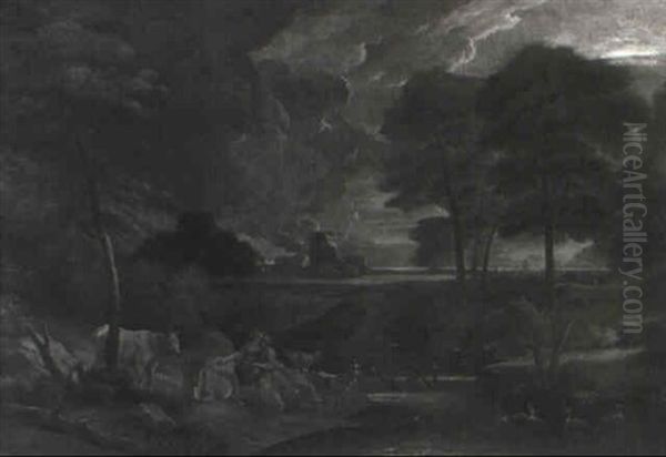 River Landscape With Amorous Shephers By Their Flock Under Moonlit Skies by Pieter Mulier the Younger