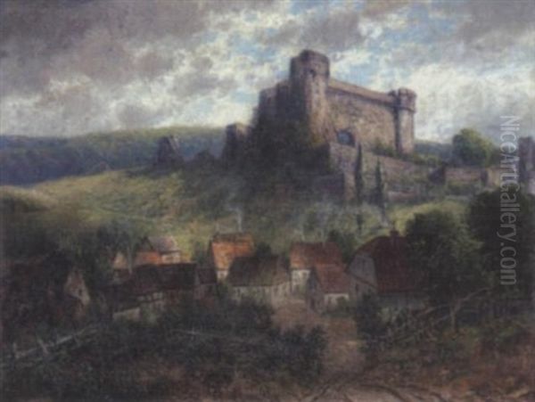 Blick Auf Ein Dorf Zu Fusen Einer Burg by Eduard Josef Mueller