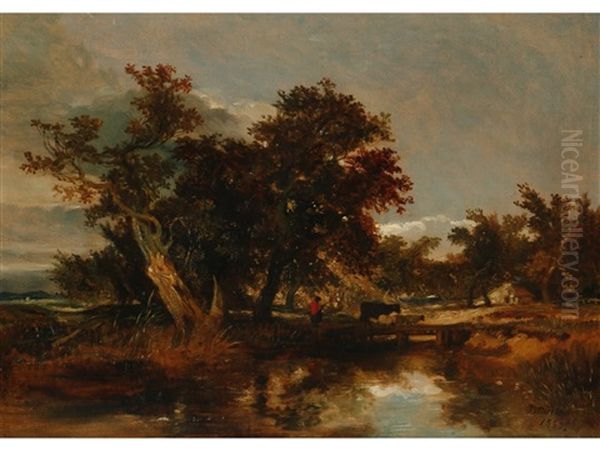 A Figure And Livestock Crossing A Bridge Beside A Woodland And Cottage by William James Mueller