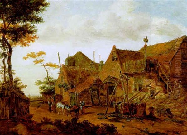 Eine Dorfstrase Und Bauern Mit Kuhen An Einer Futterkrippe by Emanuel Murant