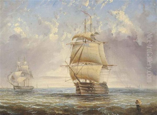 A Royal Navy Three-decker In The Evening Breeze (illustrated) (+ An Armed Merchantman In A Rising Breeze; 2 Works) by George Alexander Napier