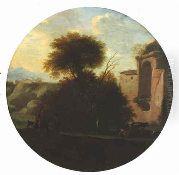 An Italianate Landscape With Figures Near Roman Ruins by Filippo Napoletano