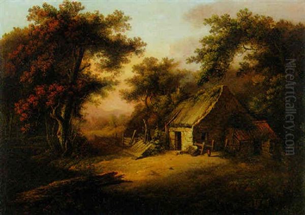 A Cottage In A Wooded Landscape, With A Church Beyond by Alexander Nasmyth