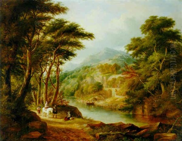 A Mountainous River Landscape With Travellers On A Path And A Ferry Boat Beyond by Charlotte Nasmyth