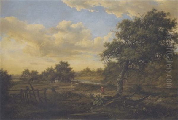 A Wooded River Landscape, With A Figure On A Path by Patrick Nasmyth