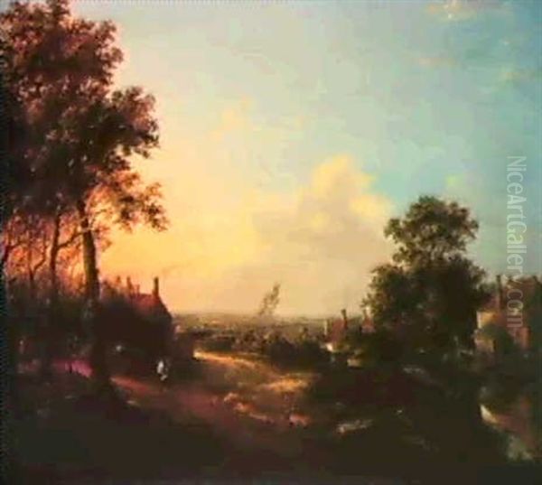 A Figure On A Riverside Path With Cottages In An Extensive  Landscape by Patrick Nasmyth