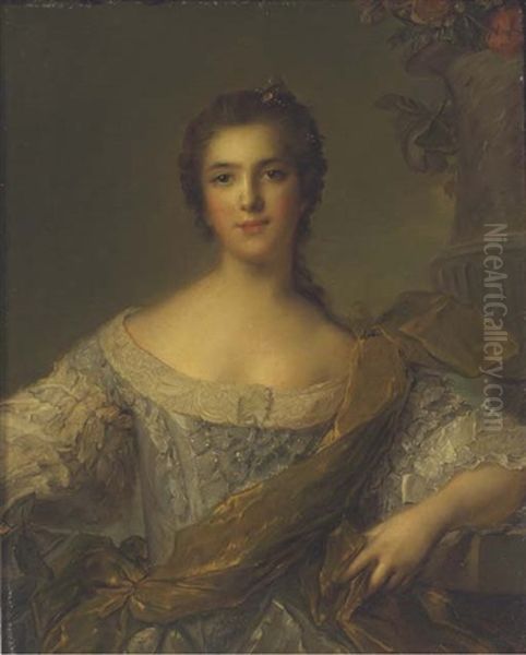 Portrait Of Madame Victoire A Fontevrault  In A Grey Dress With A Green Sash by Jean Marc Nattier