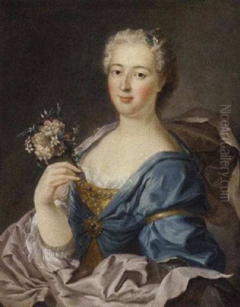 Portrait Of Madame De Bourville In A Blue And Gold Dress, A Sprig Of Flowers In Her Right Hand by Jean Marc Nattier