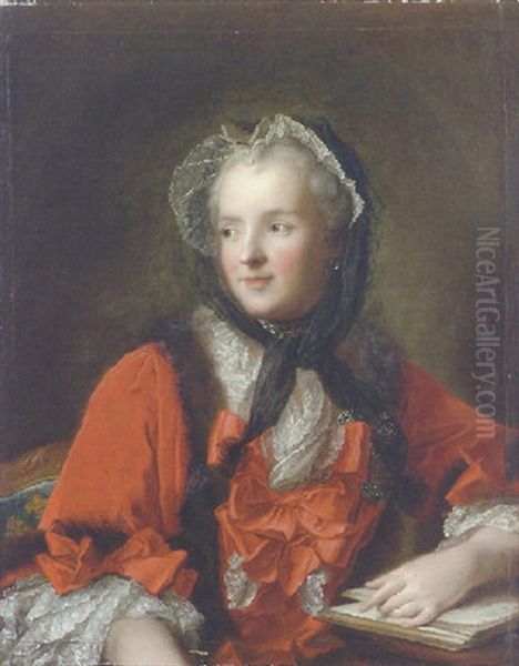 Portrait Of Marie Leczinska, Queen Of France Wearing A Red Dress, Her Left Hand On An Open Book by Jean Marc Nattier