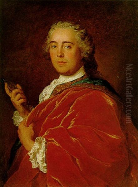 Portrait Of A Gentleman Wearing A Red Mantle And Holding A Miniature by Jean Marc Nattier