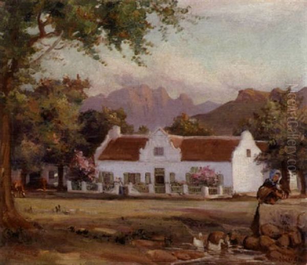 Cape Farmhouse With A Duck Pond In The Foreground by Pieter Hugo Naude