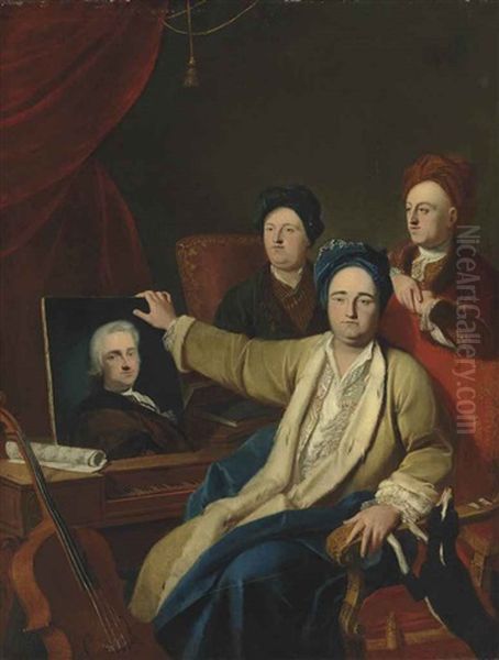 A Group Portrait Of Three Gentlemen Beside A German Clavichord, One Resting His Right Hand On An Unframed Bust-length Portrait Of A Gentleman, With A Dog, In An Interior by Bartolomeo Nazari