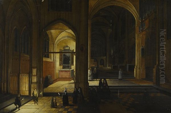 The Interior Of A Gothic Church At Night by Peeter Neeffs the Elder