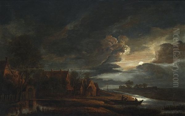 Nachtliche Dorflandschaft Mit Aufgehendem Vollmond Und Einem Bemannten Fischerkahn Am Flusufer by Aert van der Neer