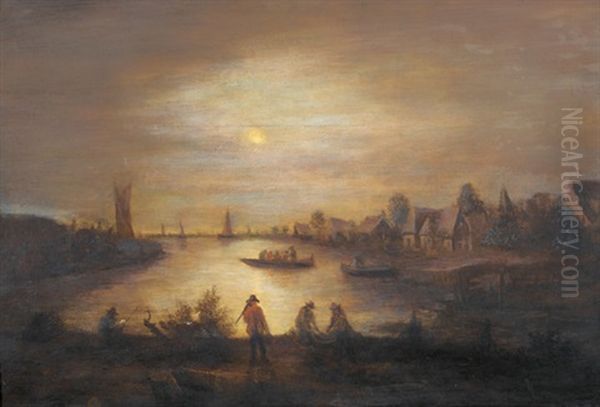 Flusslandschaft Mit Staffage Im Mondschein by Aert van der Neer