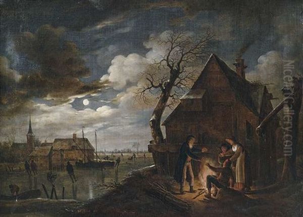 Hollandische Kanallandschaft Bei Mondschein Mit Schlittschuhlaufern Und Einem Lagerfeuer, An Dem Sich Bauern Warmen by Aert van der Neer