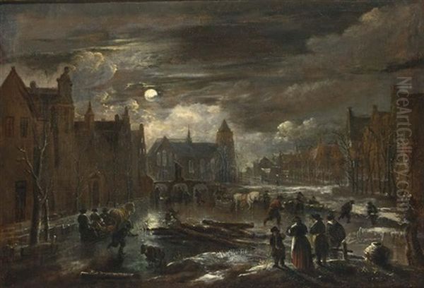 A Winter Landscape With Figures And Horse-drawn Sleighs On A Frozen Canal In A Town By Moonlight by Aert van der Neer