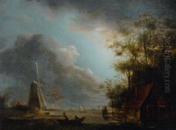 A Moonlit River Landscape With A Windmill by Aert van der Neer