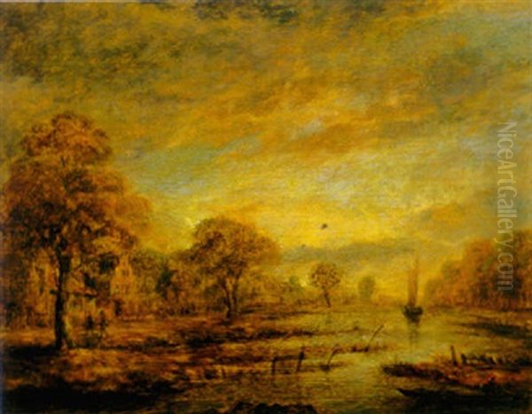 Canal Beside A Village At Sunset by Aert van der Neer