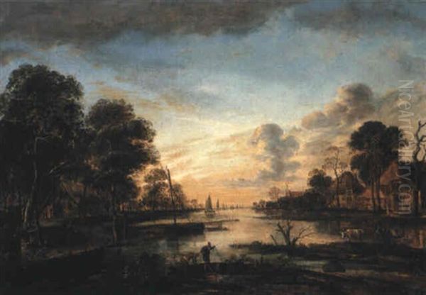 River Landscape With Fishermen Near A Village At Dusk by Aert van der Neer