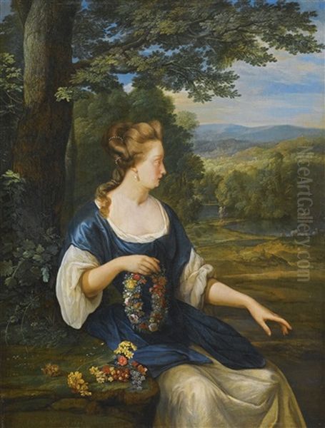 Portrait Of A Young Woman, Three-quarter Length, Seated In A Landscape Holding A Floral Wreath by Eglon Hendrik van der Neer