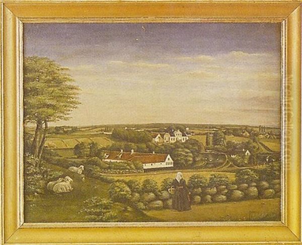 Landscape Of A Woman Overlooking A Farming Village by Hermania Sigvardine Neergard