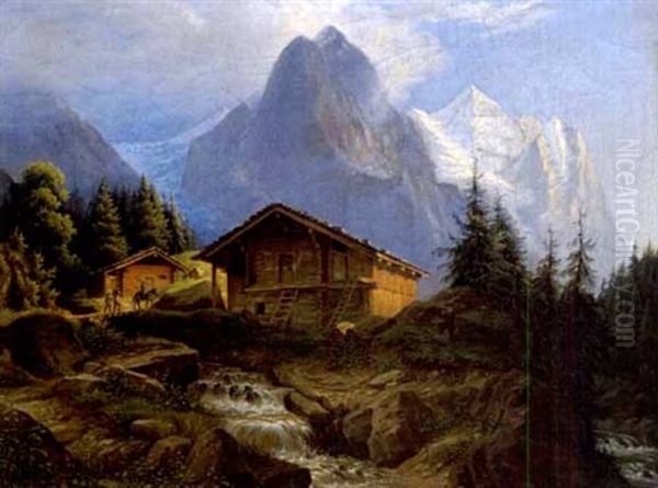 Das Wetterhorn Mit Touristen Bei Alphutten by Johann Neidhardt