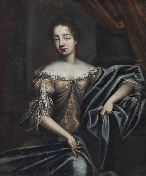 Portrait Of Catherine, Lady Copley, Nee Purcell (c. 1657-1699), Three-quarter-length, In A Gold-embroidered Dress With Lace Trim, And A Blue Wrap by Caspar Netscher