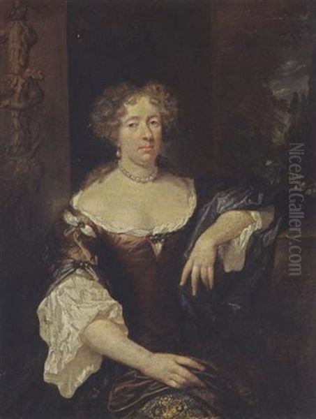 A Portrait Of A Lady Wearing A Red Dress With Blue Sleeves And A Gilt-embroidered Underskirt, A White Chemise, Pearl Jewellery, A Blue Shawl Draped On Her Left Arm, In A Park Setting by Caspar Netscher