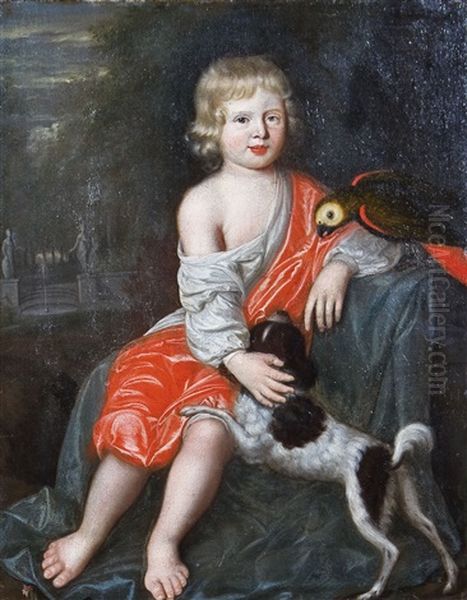 Knabenportrait Mit Hund Und Papagei by Constantyn Netscher