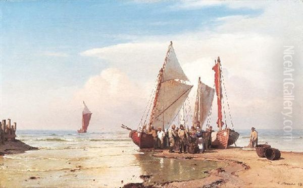 Heimgekehrte Fischer Bei Ihren Booten An Der Kuste by Carl Johann Neumann