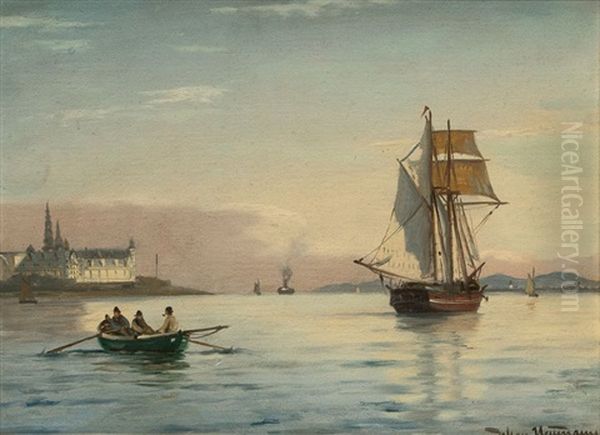 Sailing Ship And Rowing Boat Off Kronborg Castle by Johan Jens Neumann