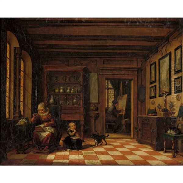 Interieur Mit Einer Frau Bei Der Stickarbeit Und Maler An Der Staffelei by Maximilian Neustueck