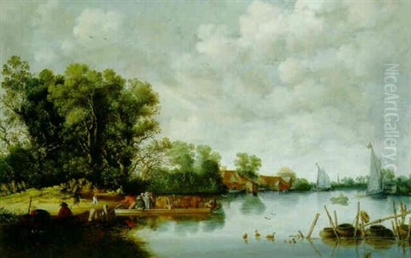 A River Landscape With Peasants And Cattle On A Ferry by Pieter de Neyn