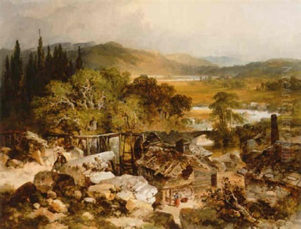 An Extensive River Landscape With Water Mill by Edmund John Niemann