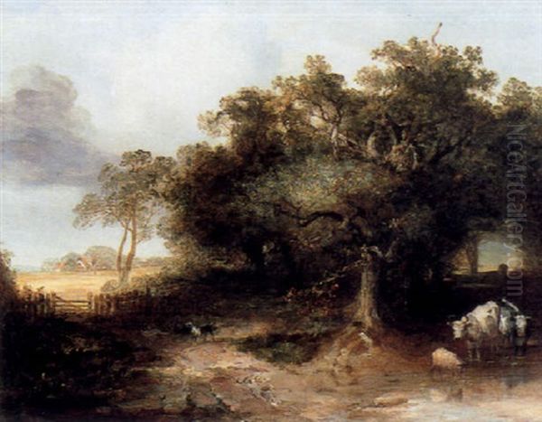 Cattle Watering In A Woodland With An Extensive Landscape Beyond by Edmund John Niemann