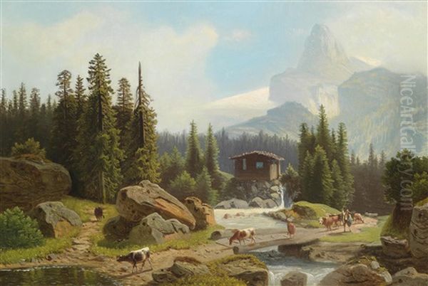 Alpenlandschaft Mit Tierherde Am Heimweg by Theodor (Wilhelm T.) Nocken