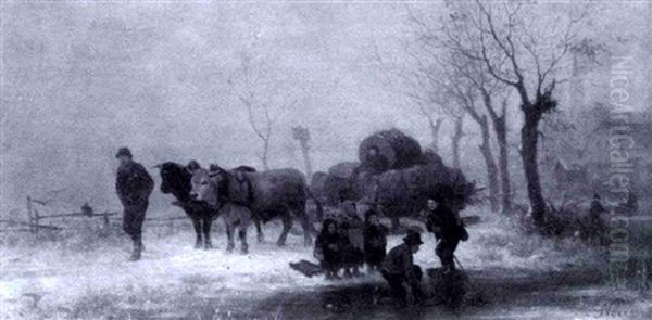 Cattle Drawn Cart With Snowy Creek And Village by Julius Noerr