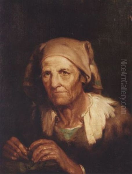 Portrait Of An Old Lady In A Brown Dress With A Brown Headscarf, Holding A Rosary by Giuseppe Nogari