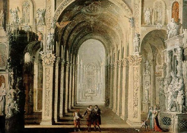 Interior Of A Gothic Church With Figures by Francois de Nome