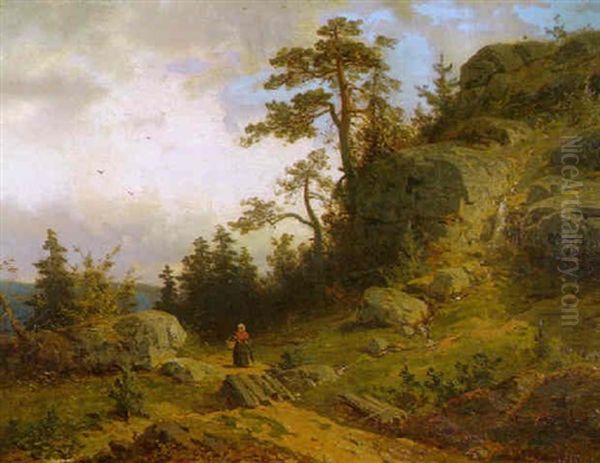 Gebirgslandschaft Mit Pilzsammlerin Am Quellbach by Axel Wilhelm Nordgren