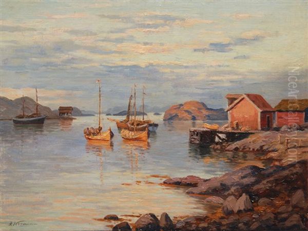 Norwegian Fishing Boats In The Evening Sun by Adelsteen Normann