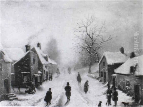 Figures In A Village Street In Winter by Pierre Francois de Noter