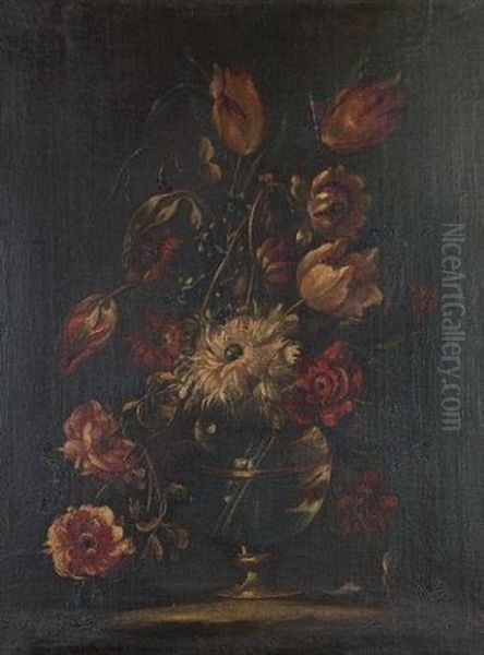 Tulips, Chrysanthemums, Convolvulus And Other Flowers In A Glass Vase On A Ledge by Mario Nuzzi