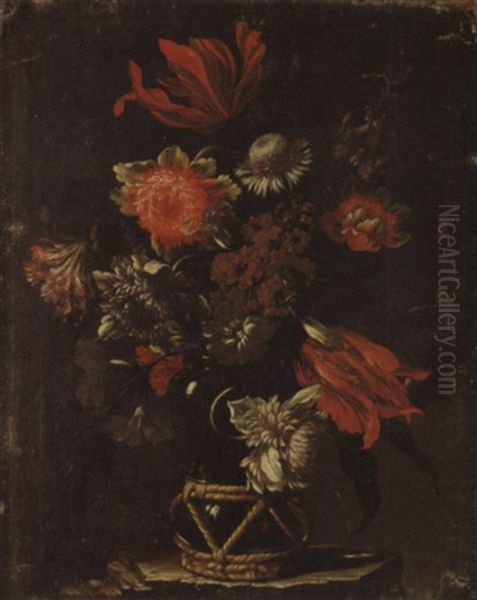 Parrot Tulips, Chrysanthemums, A Thistle, And Other Flowers In A Vase On A Stone Ledge by Mario Nuzzi